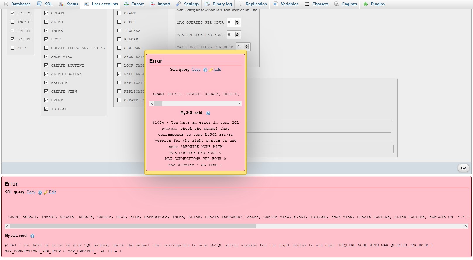 SQL error when modifying user privileges on MySQL 8.0.11+ · Issue ...