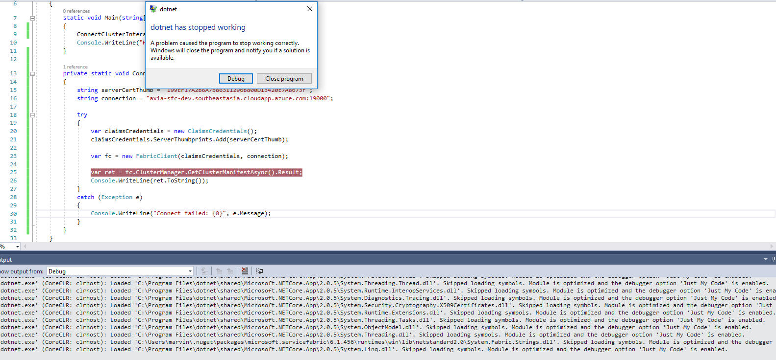 Accessing secured service fabric cluster on Core