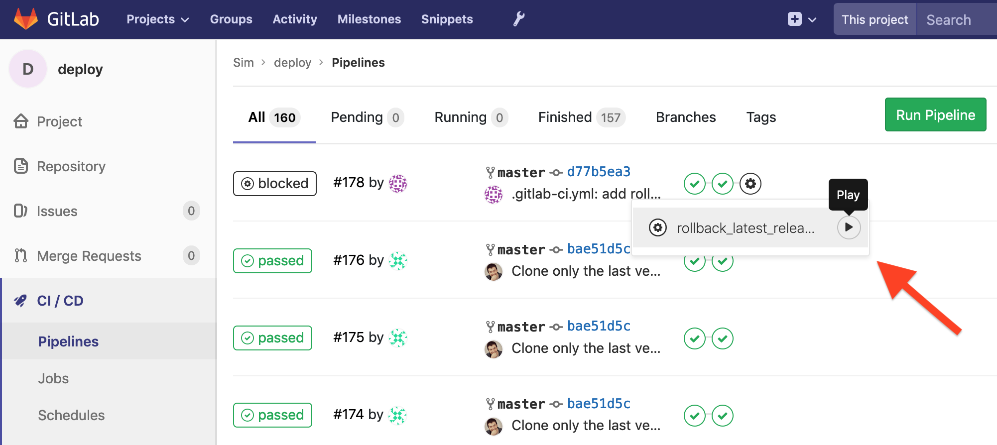 Gitlab rollback screenshot