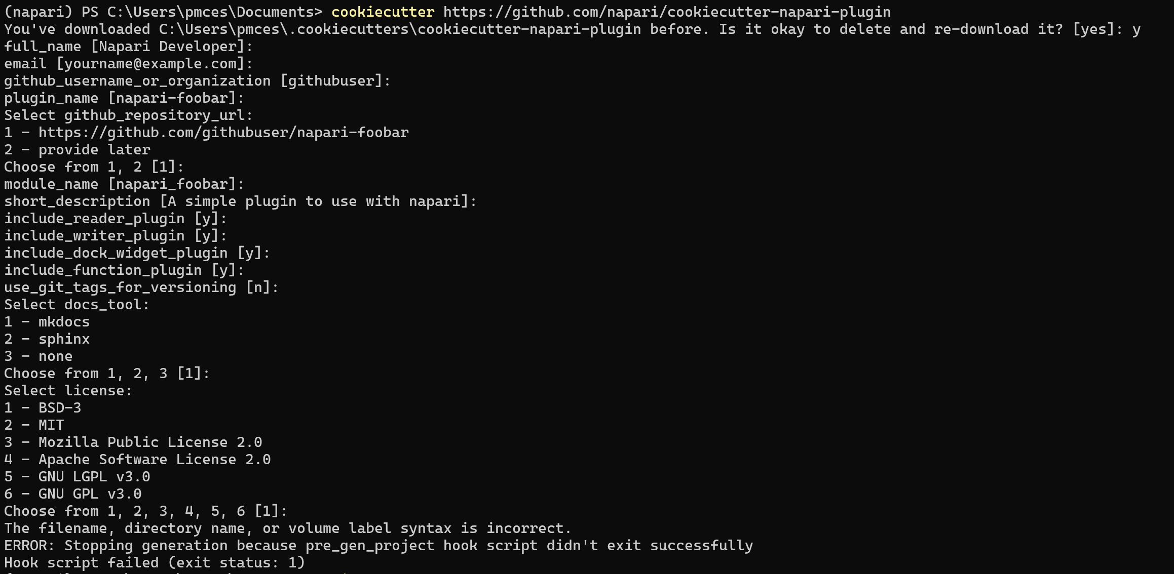 Generation failed. · Issue #1617 · cookiecutter/cookiecutter · GitHub
