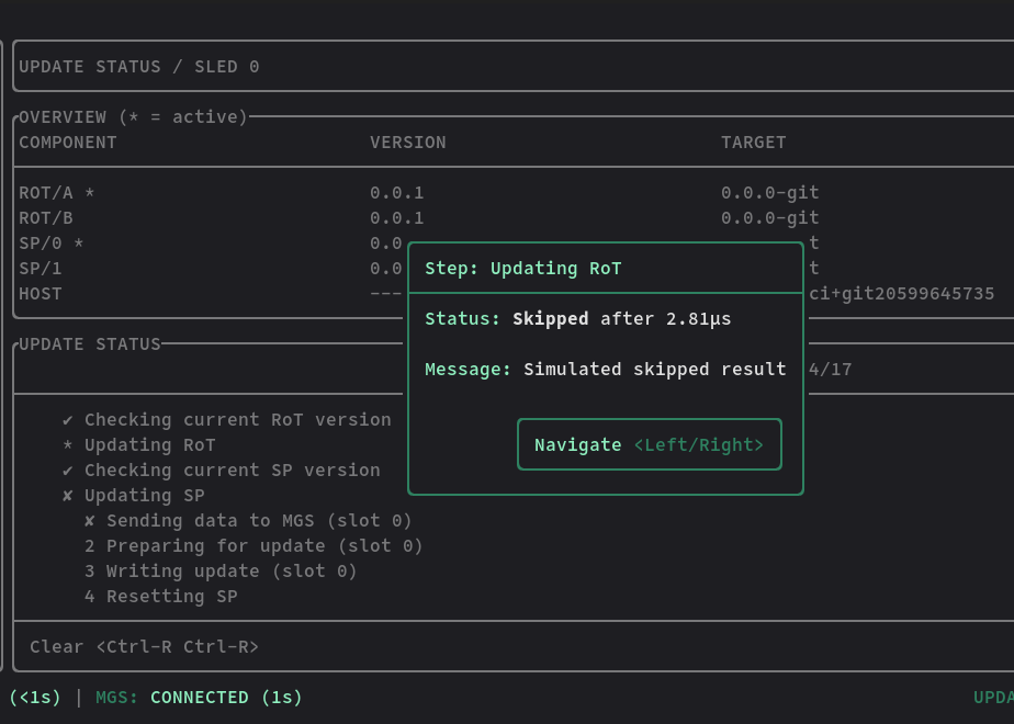 Screenshot showing that the "Updating RoT" step has a "skipped" status with a message saying "Simulated skipped result"