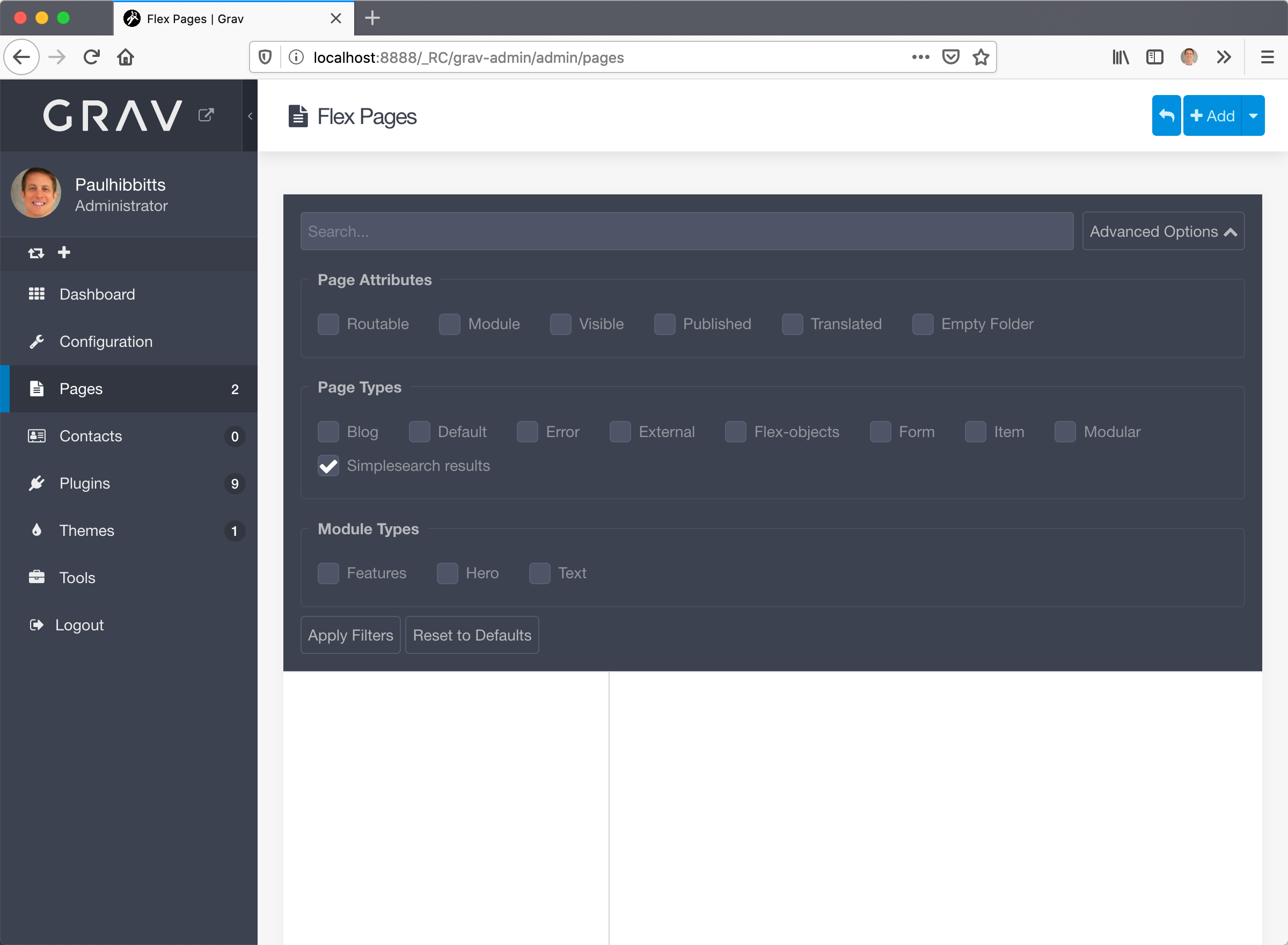 Grav 1.7-rc2, New Flex Pages Filter unexpectedly has Plugin Page types ...