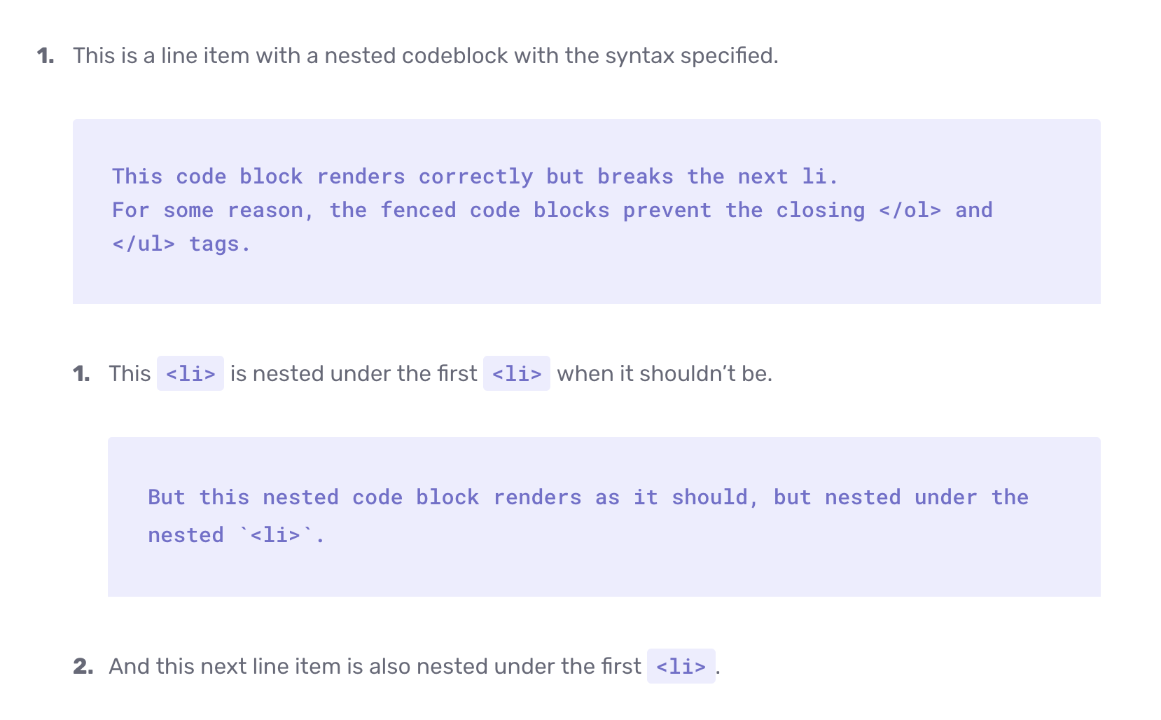 Code blocks with syntax highlighting nested in a list break list layout ...