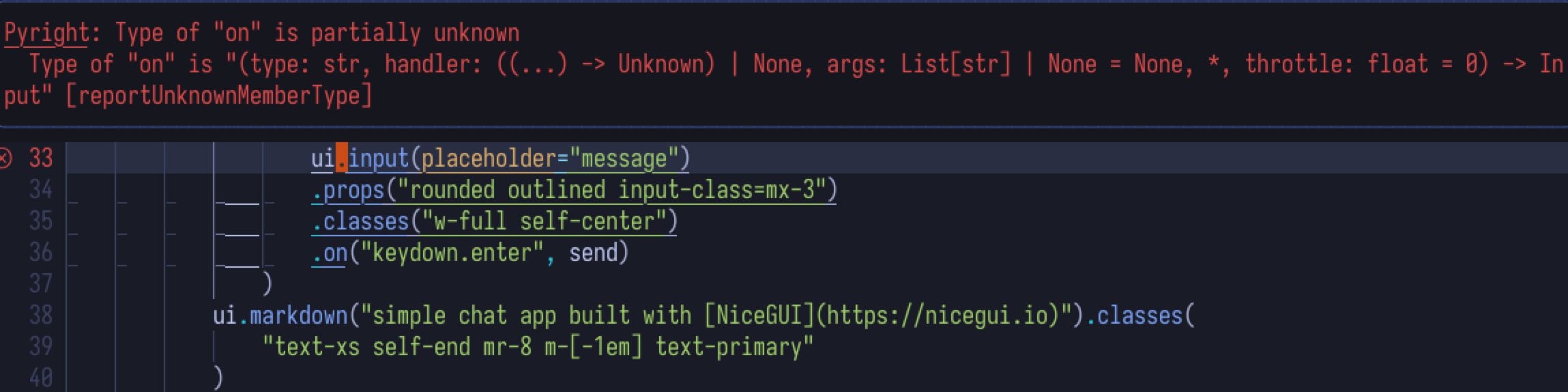 pyright typing issues with on · Issue #722 · zauberzeug/nicegui · GitHub