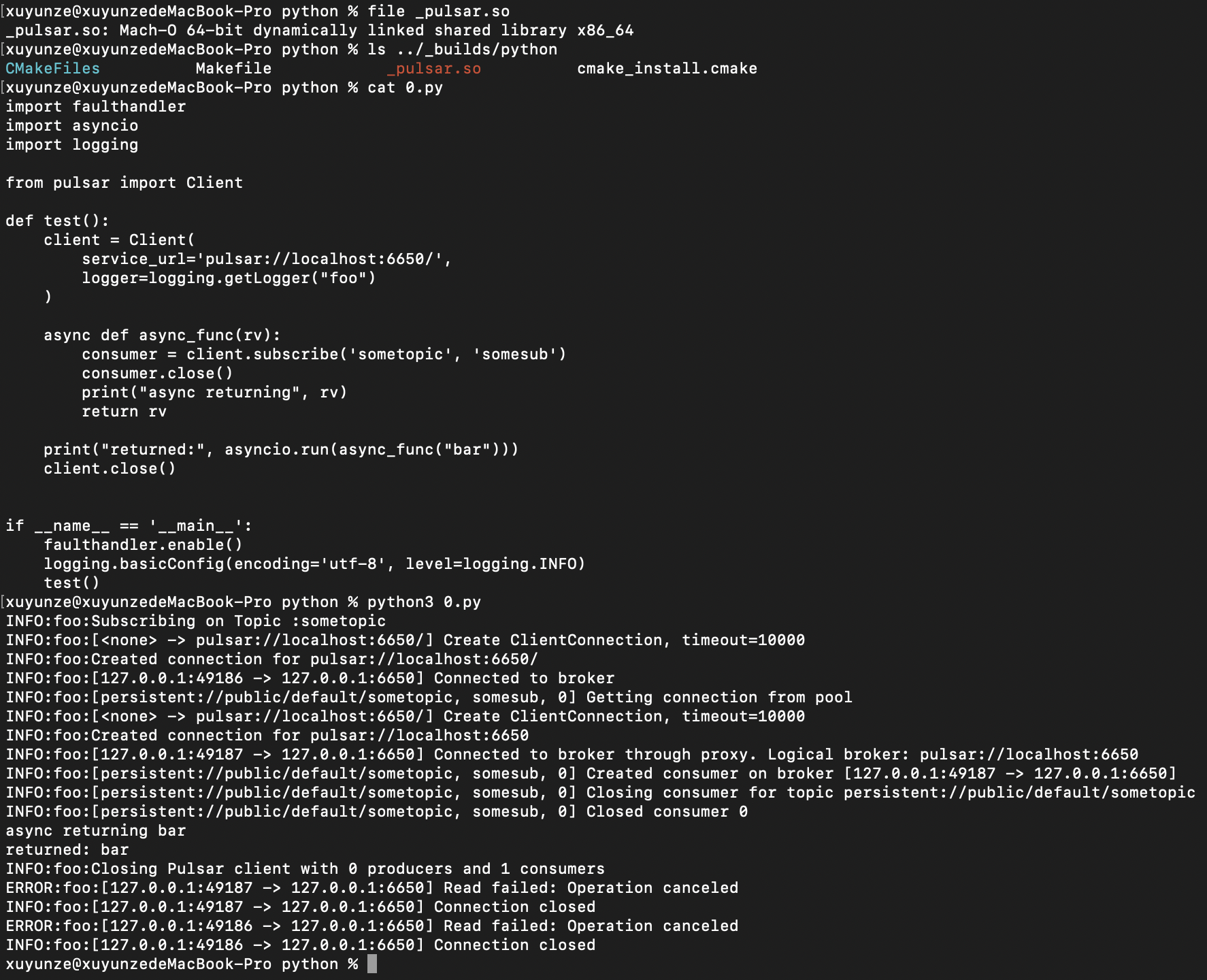 Using the Python pulsar client with a logger can cause arbitrary ...