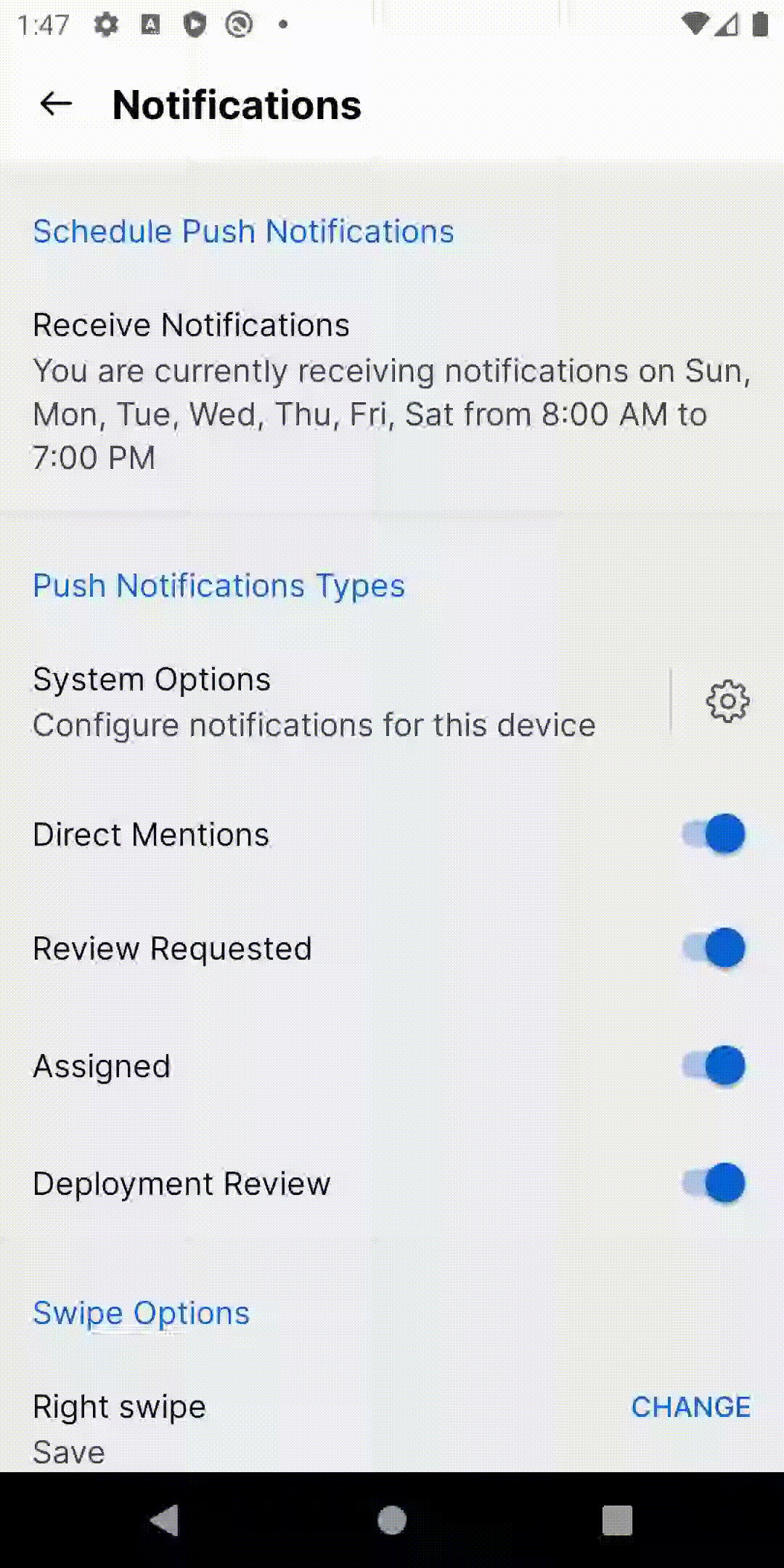 Screenshot of push notification toggles for GitHub for Android