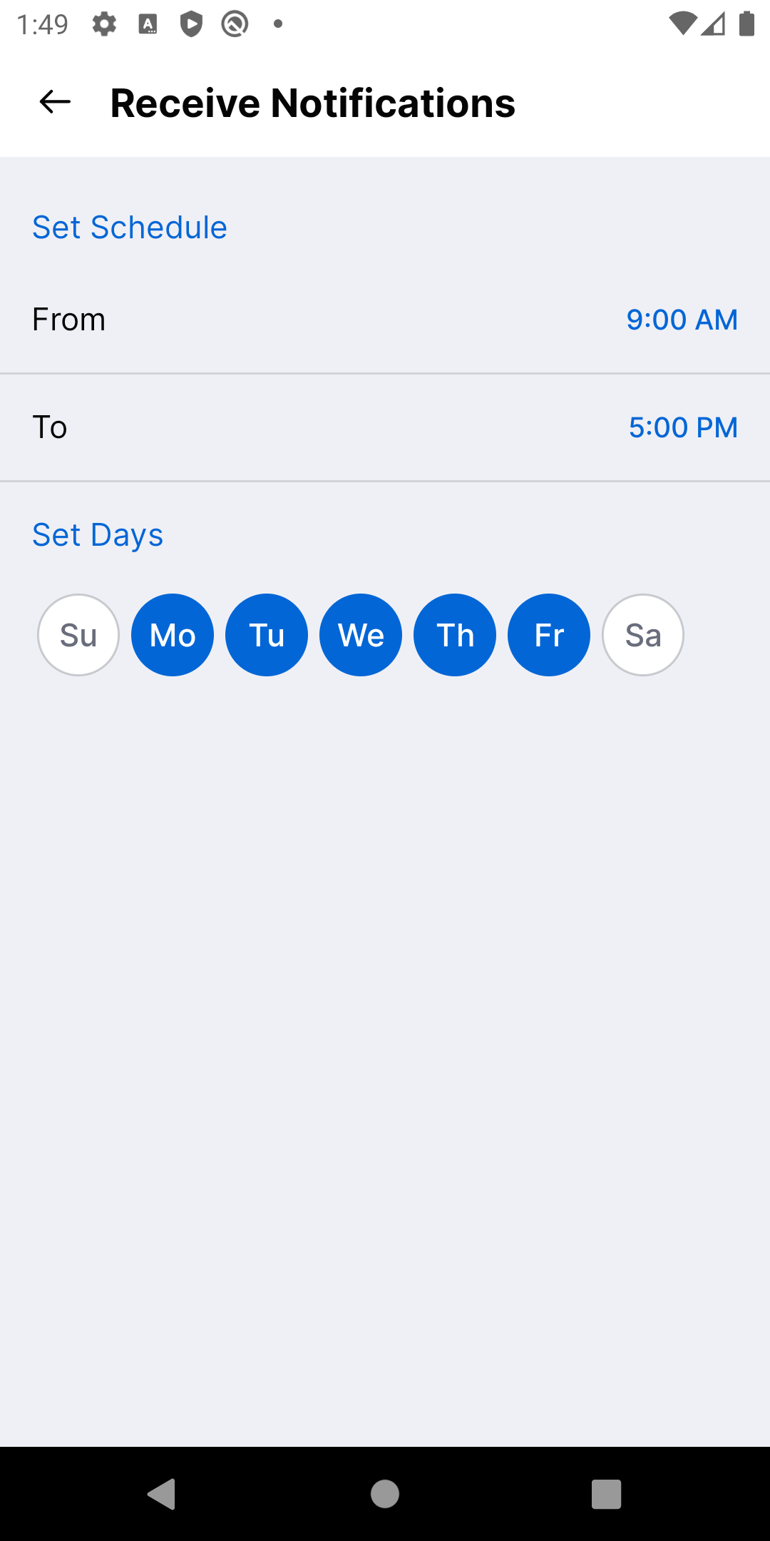 Screenshot of push notification schedule settings for GitHub for Android
