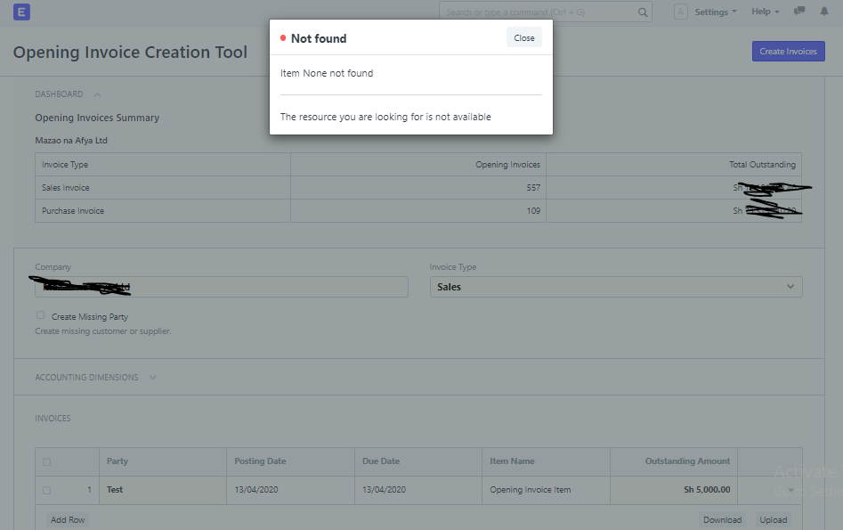 Item None not found - on Opening Invoice Creation Tool when in a multi ...