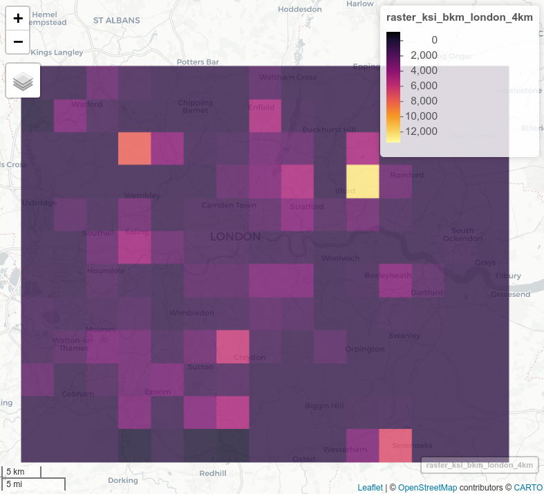 Estimates of the geographic distribution of commuter cycling risk measured in KSI/bkm at 500 m and 4 km grid cell resolutions (top) and all commuter cycling injuries at 500 m and 2 km resolution (bottom), 2010-2019.