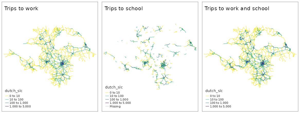 Comparison of commute, school, and combined commute *and* school route networkworks, under the Go Dutch scenario.