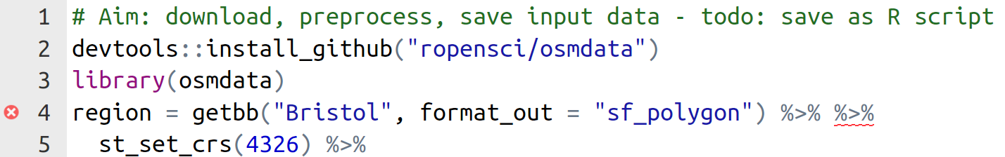 Illustration of 'code checking' in RStudio, which identifies the incorrect dublicate pipe operator at the outset of a script.