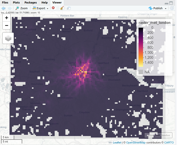 Estimates of distance cycled per year (thousand km per year of cycle commuting distance) passing through each 500 m grid cell, based on analysis of Census data on the route network from the PCT, for a rural area (Herefordshire, left) and an urban area (London, right).