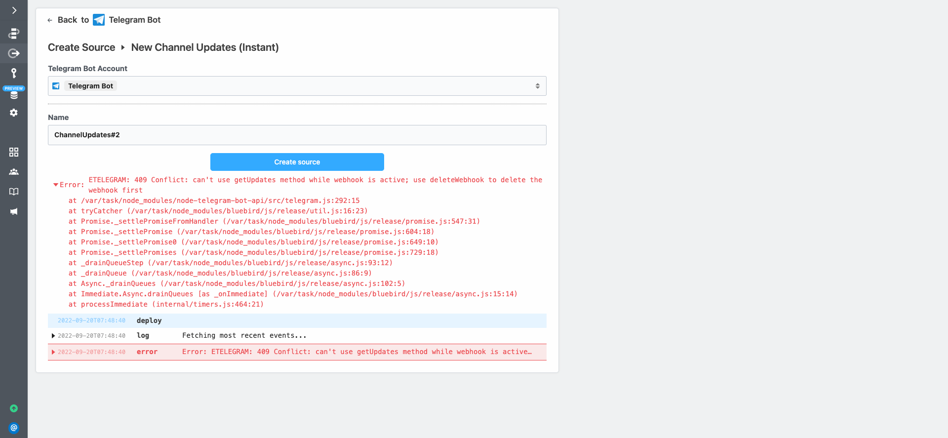 [BUG] Not able to create Telegram Bot: New Channel Updates trigger ...