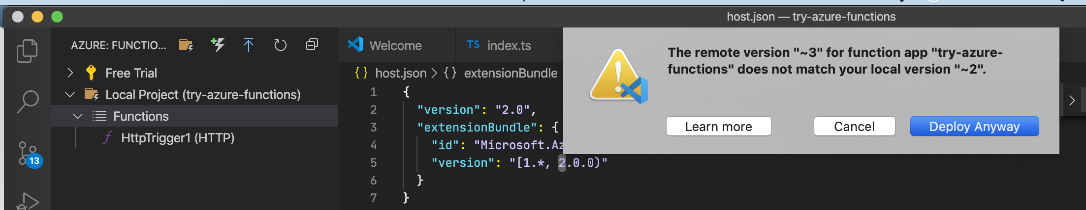 The remote version "~3" for function app "try-azure-functions" does not ...