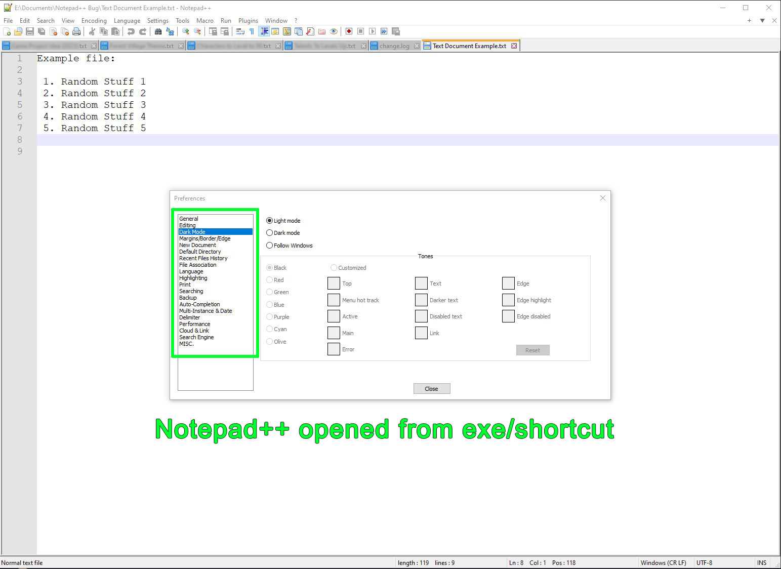 Dark Mode and Style settings lost if opening a txt file rather than