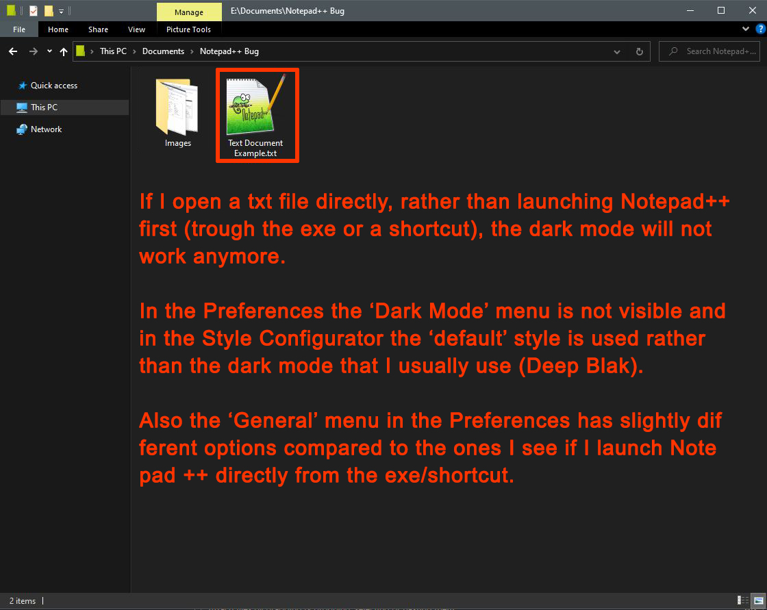 Dark Mode and Style settings lost if opening a txt file rather than