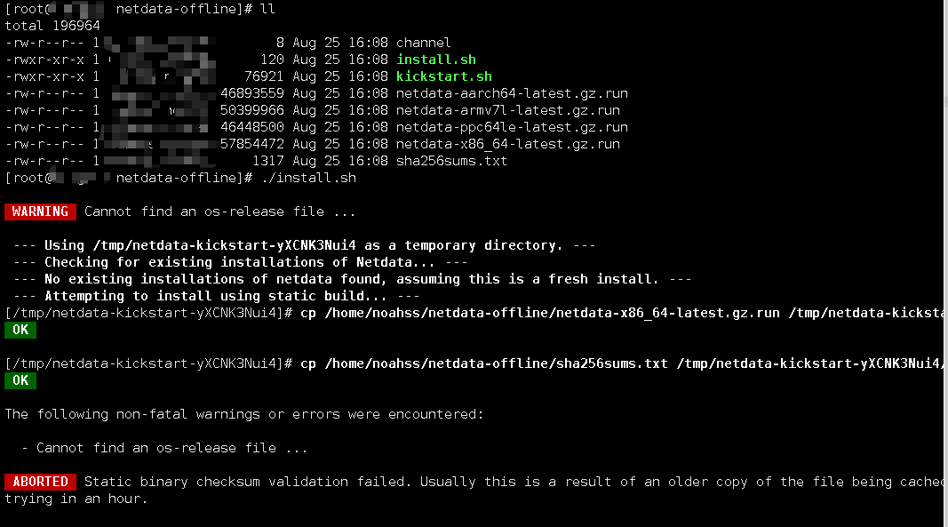 Netdata installation ABORTED - Static binary checksum validation failed ...