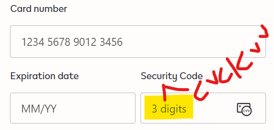 Security code Input field, the placeholder is displayed as "3 digits ...