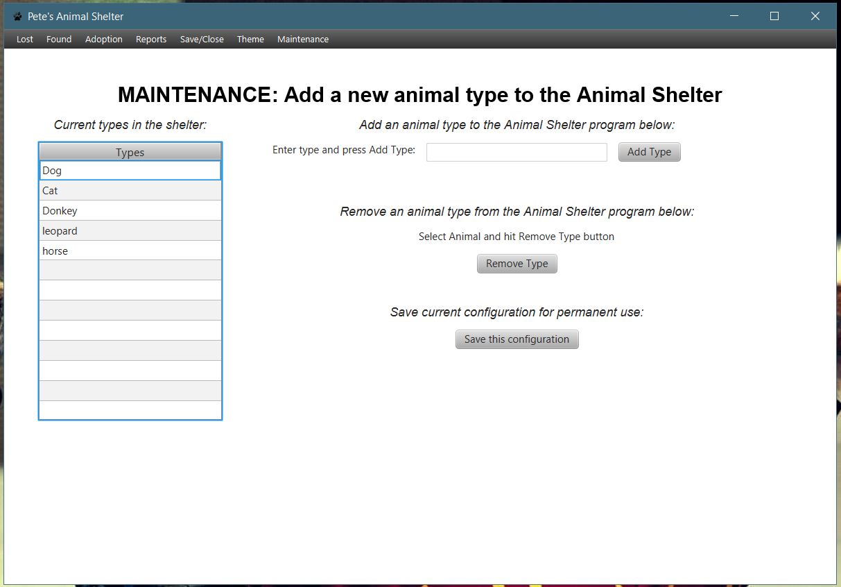 GitHub - PeterBurton/Animal-Shelter-JavaFX: A college project to create ...