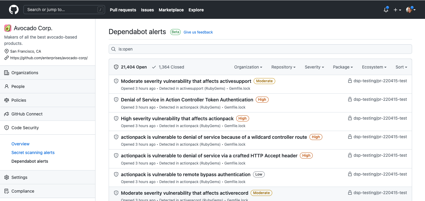 Dependabot alerts at the enterprise level