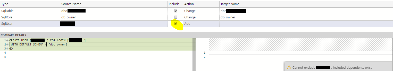 SQL Server Schema Compare: Cannot exclude "UserName_". Included ...
