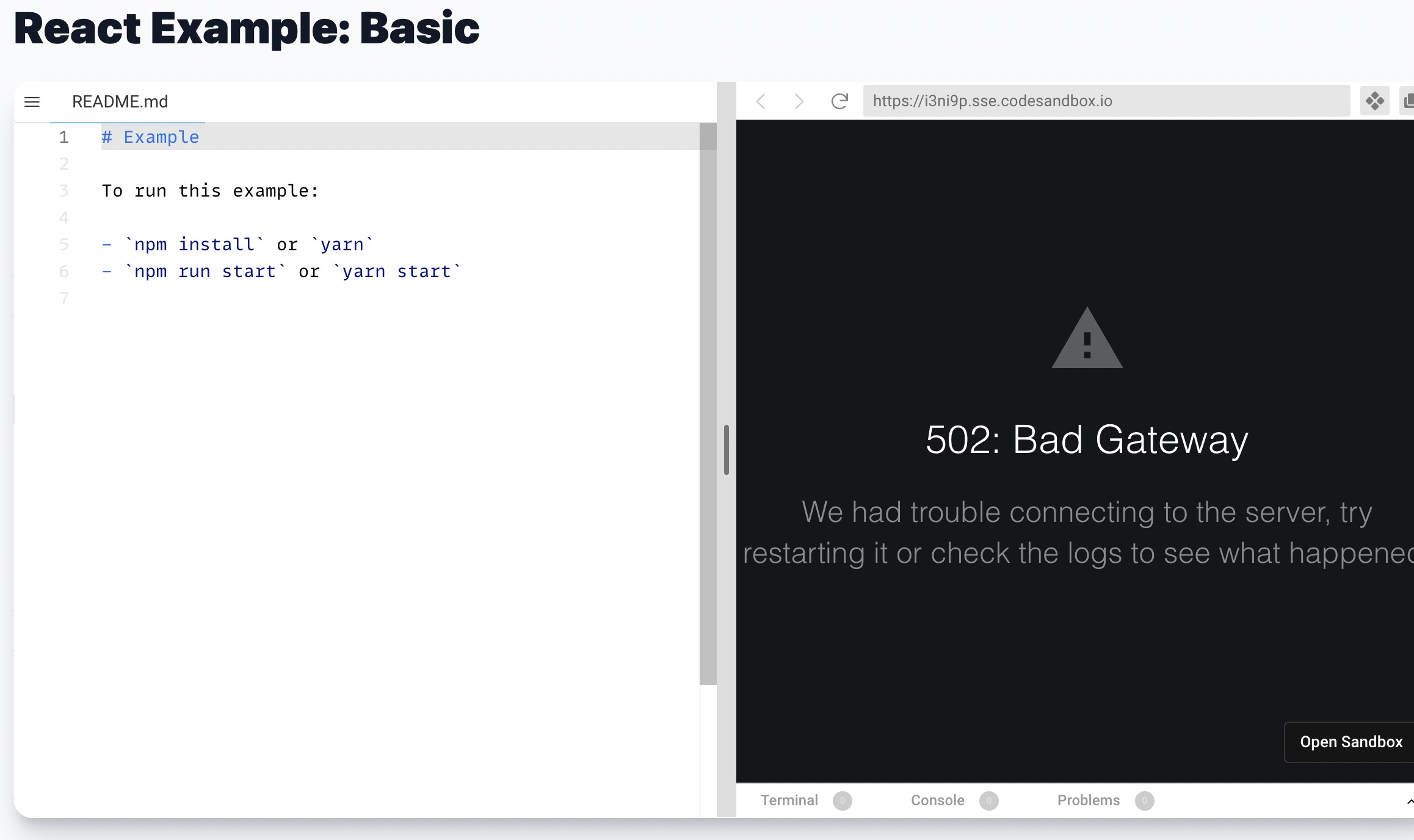 The basic v8 react-table example on documentation page is broken ...