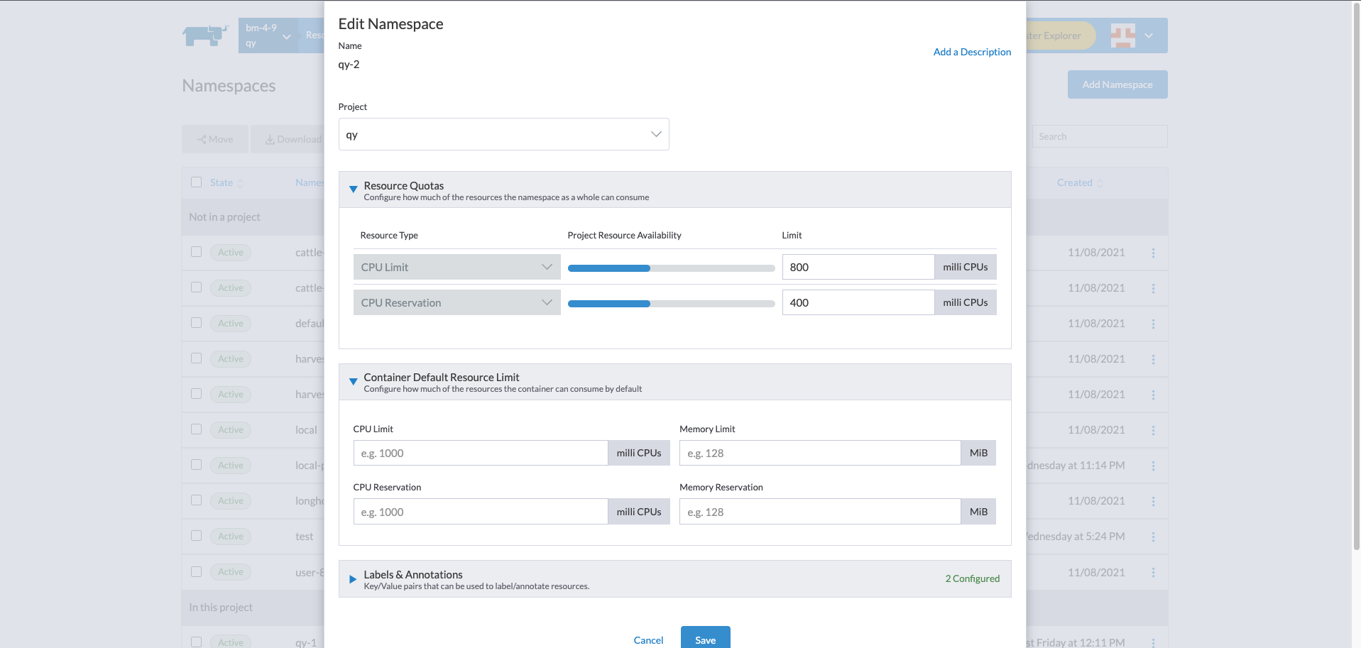 [BUG] Resource quota management not completely implemented in UI