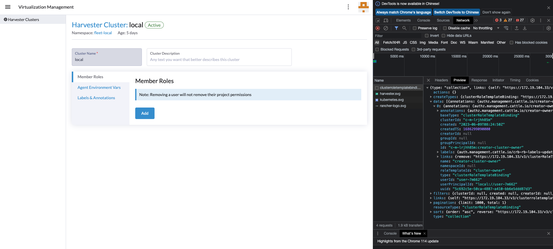 [BUG] Edit Harvester cluster did not display admin user as cluster