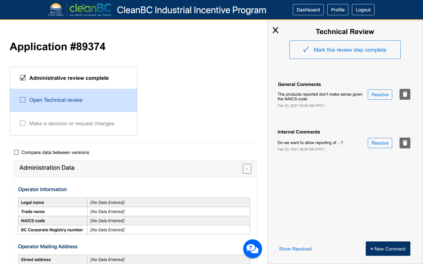 Administrator Review page