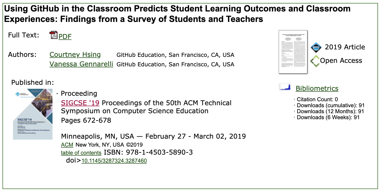 Image of our paper available from ACM on how using GitHub in the classroom predicts positive learning outcomes.