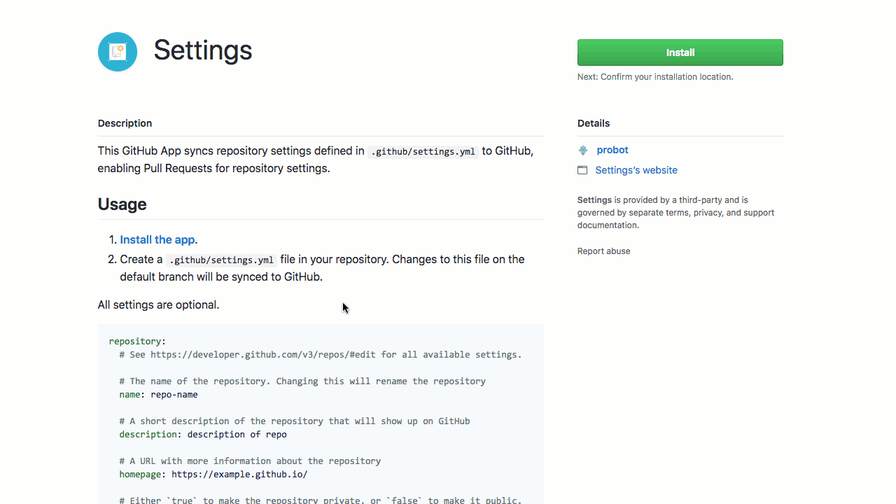 Gif of adding the Probot Settings app to the GitHub organization being used with Classroom.