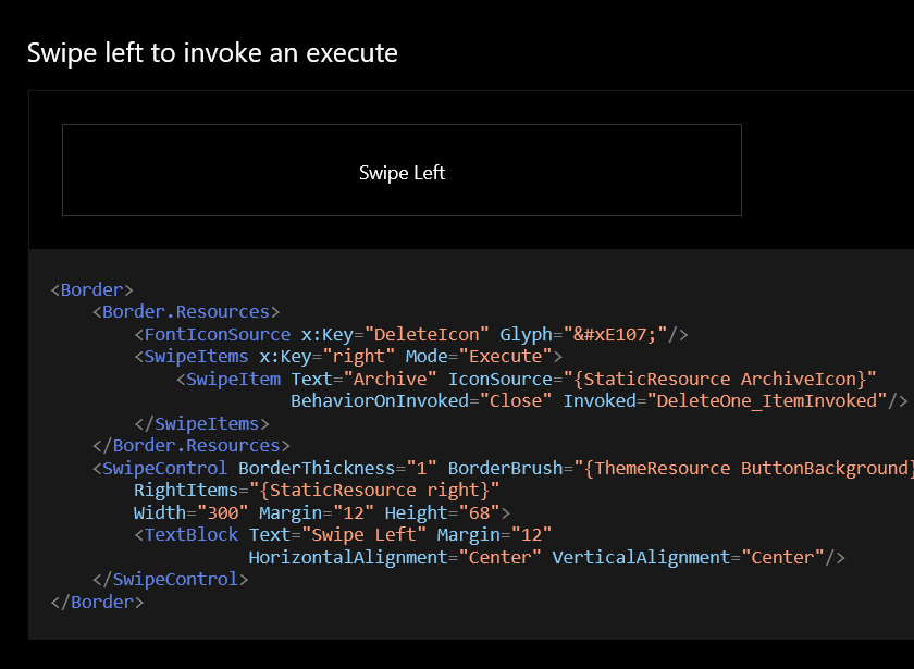 XAML Controls Gallery SwipeControl
