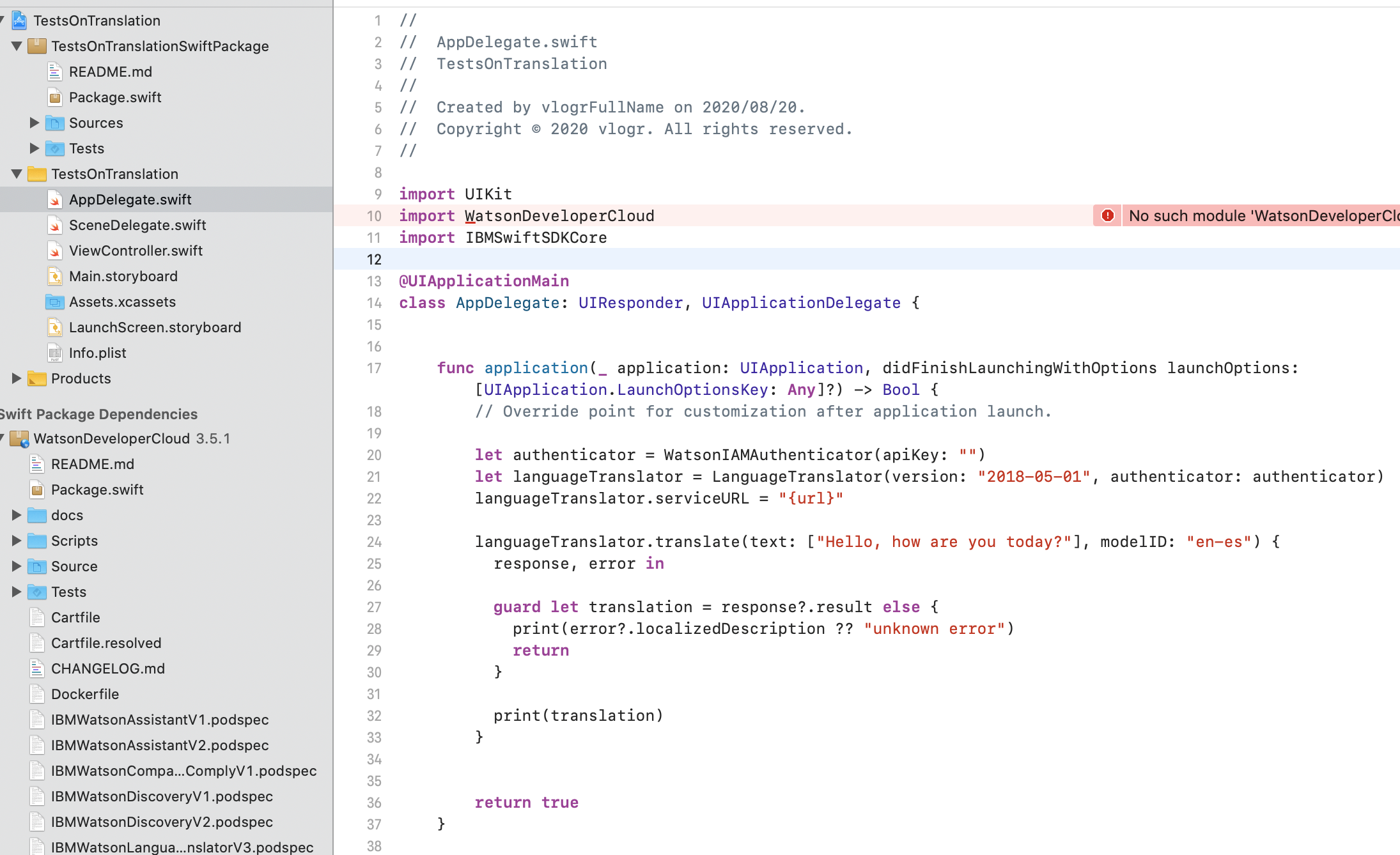 no such module WatsonDeveloperCloud when imported with swift package ...