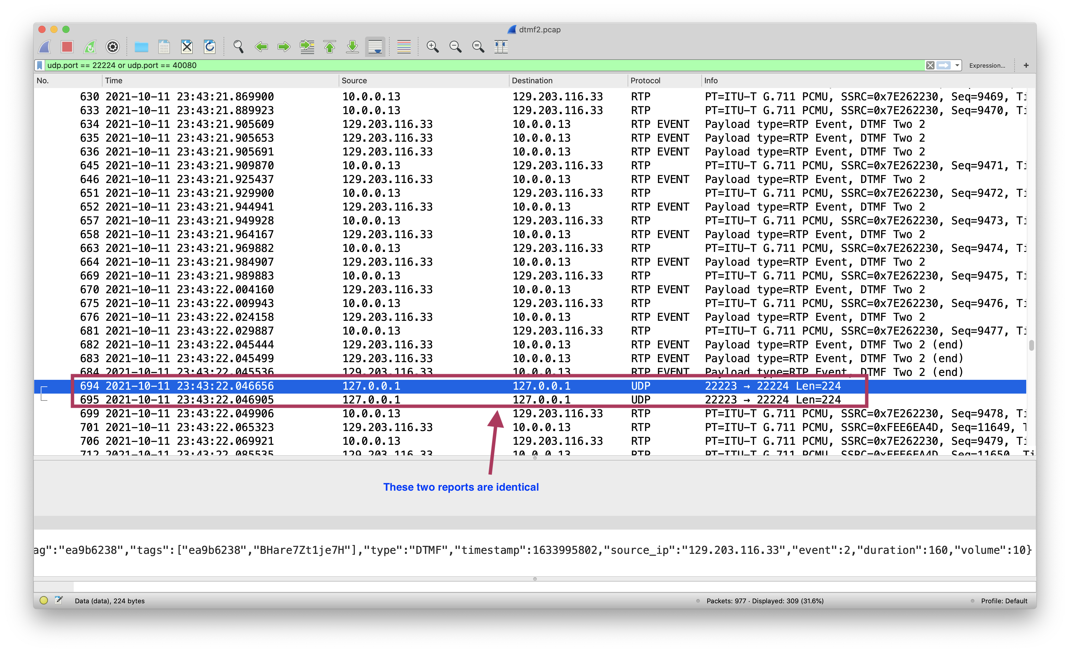 should I expect duplicate reports when using --dtmf-log-dest=IP46:PORT ...