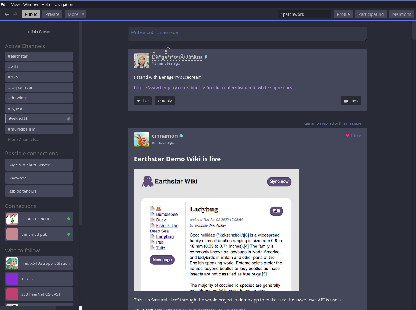 screenshot of new patchwork dracula theme; public timeline