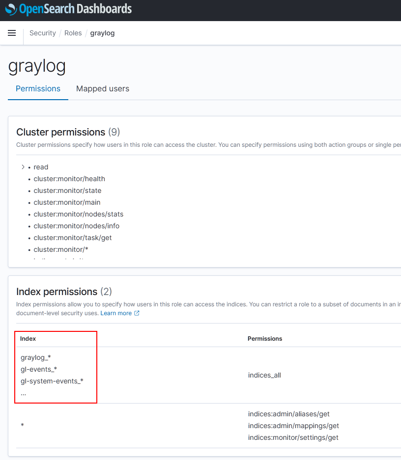 Screenshot of Roles permissions view, a truncated item in the "Index" column of the Index permissions panel highlighted