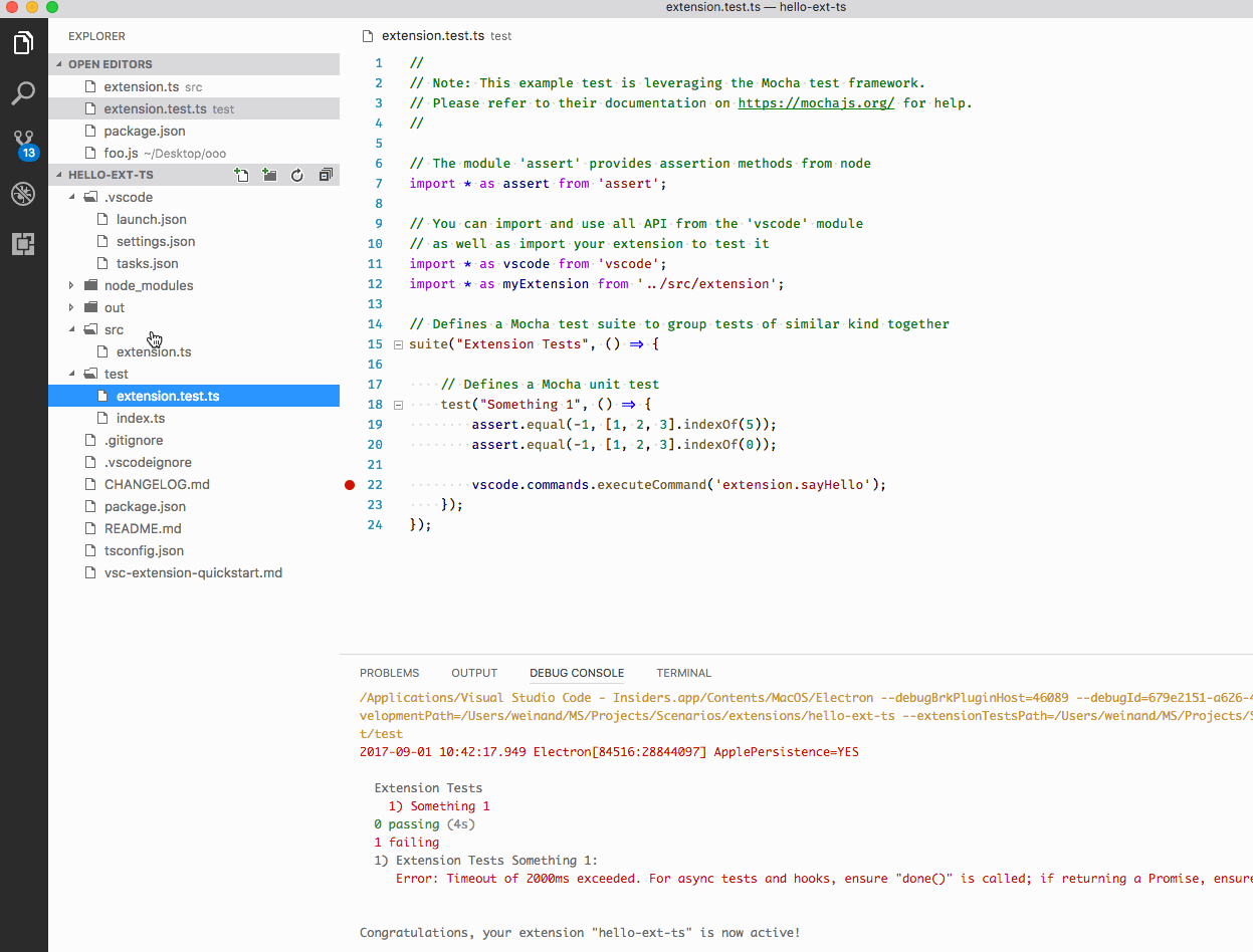 Breakpoints don't get triggered for extension integration tests · Issue ...
