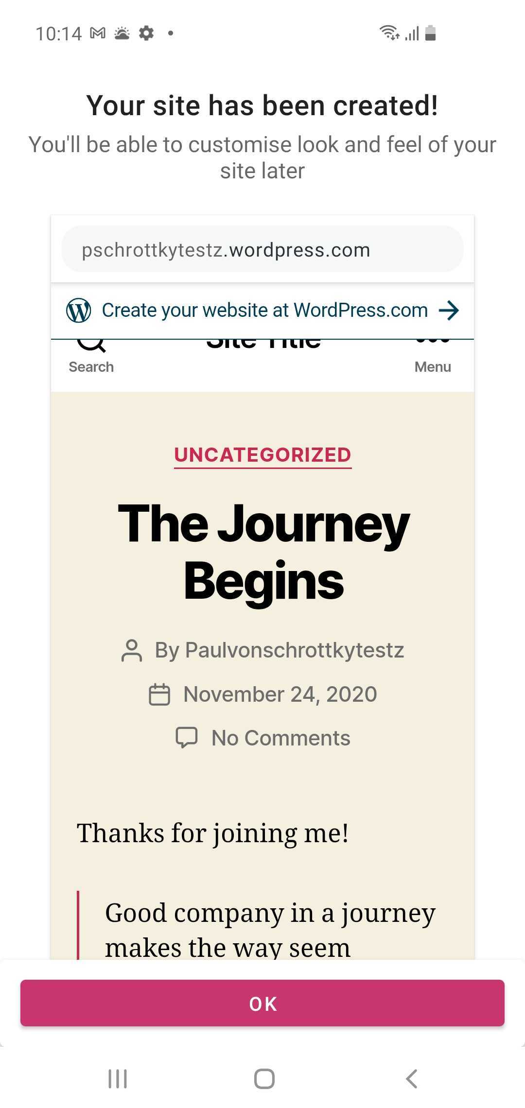 Screenshot showing the 'Create your website' banner