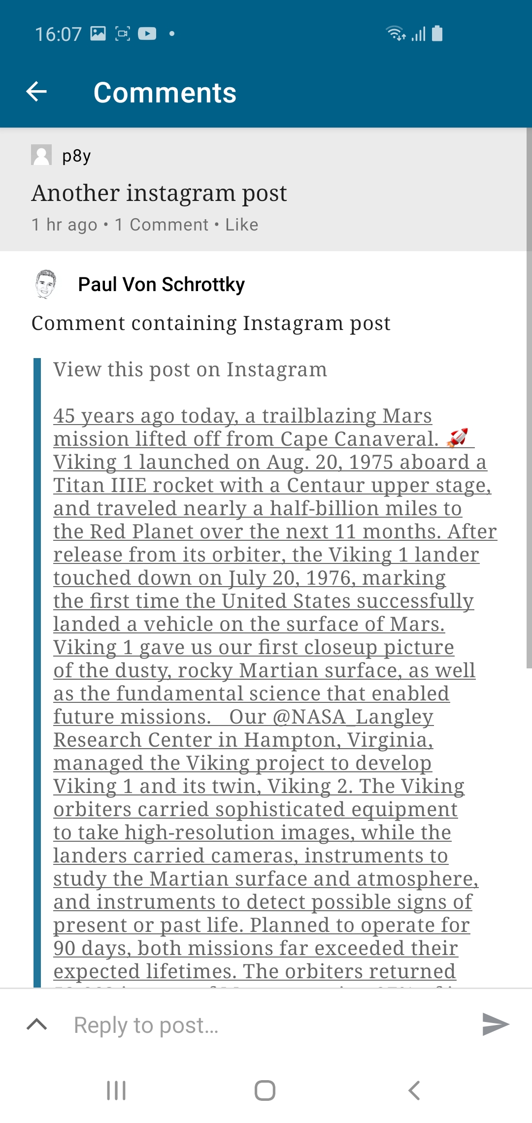 Screenshot showing Instagram embed not rendering in Reader comments