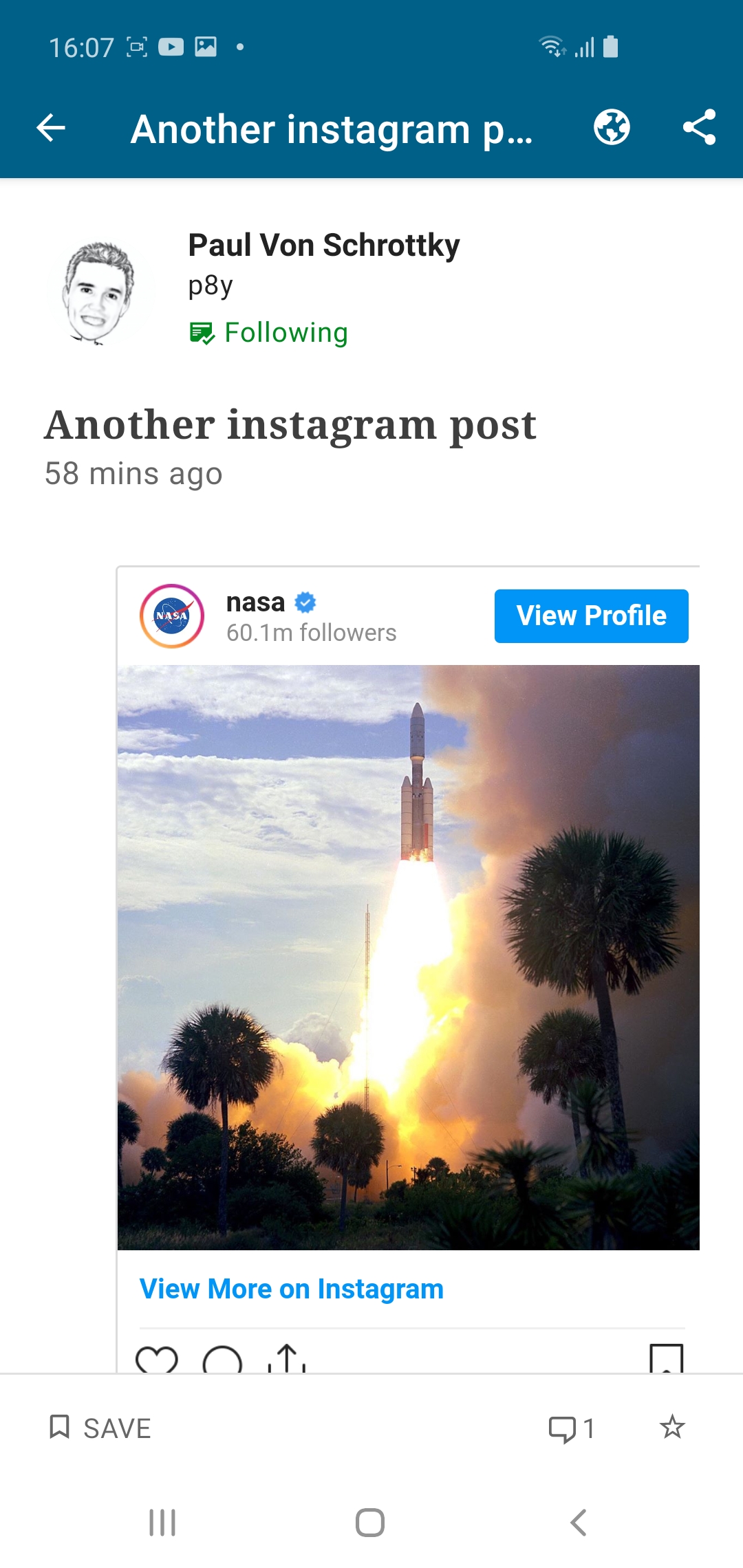 Screenshot showing Instagram embed working correctly in Reader post