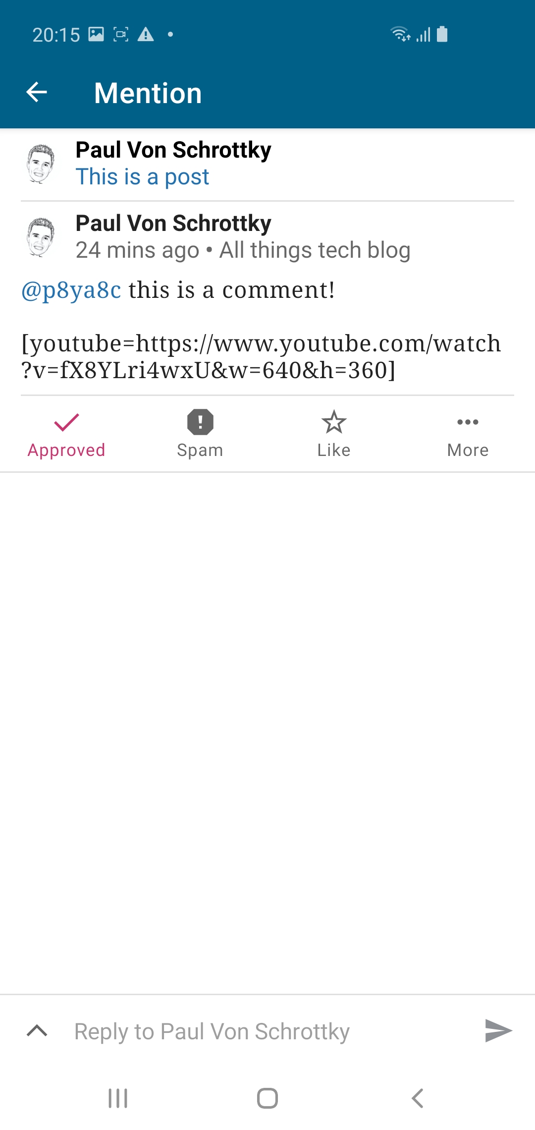 Screenshot showing YouTube shortcode rendering incorrectly in comment notification in WPAndroid