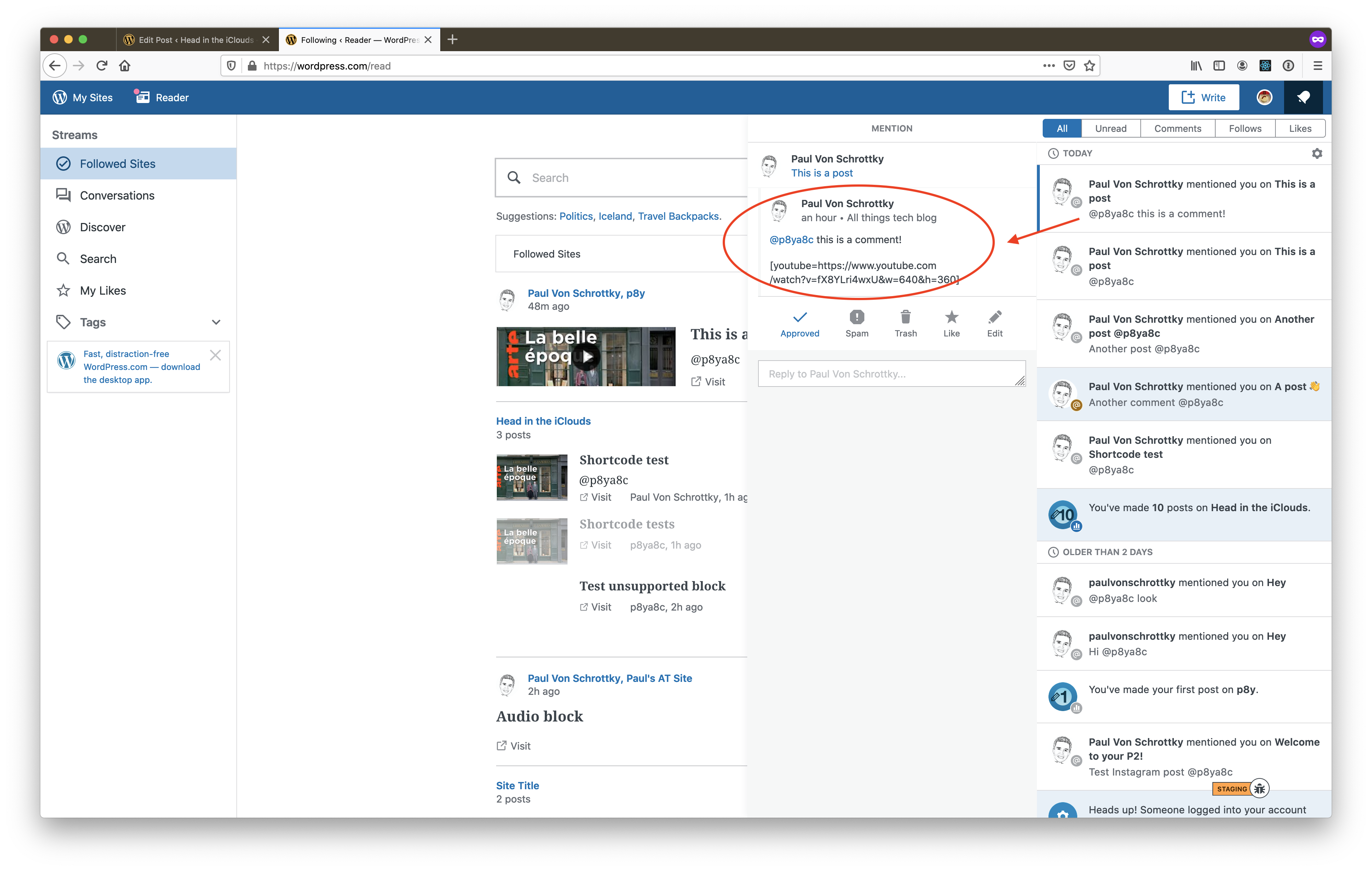Screenshot of post comment notification showing raw shortcode instead of actual YouTube video