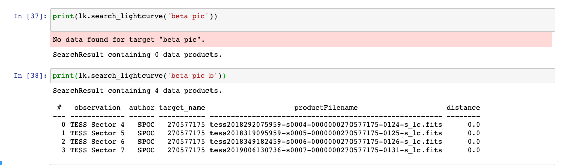 Lightkurve Python Simple Code search_lightkurve finds no data for Beta Pic but 4 sectors of data for ...