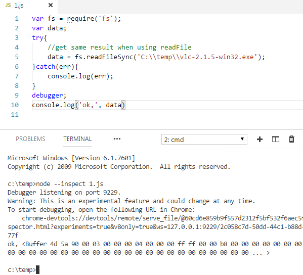 fs.readFileSync, fs.readFile will make the debugger stop with heap out ...