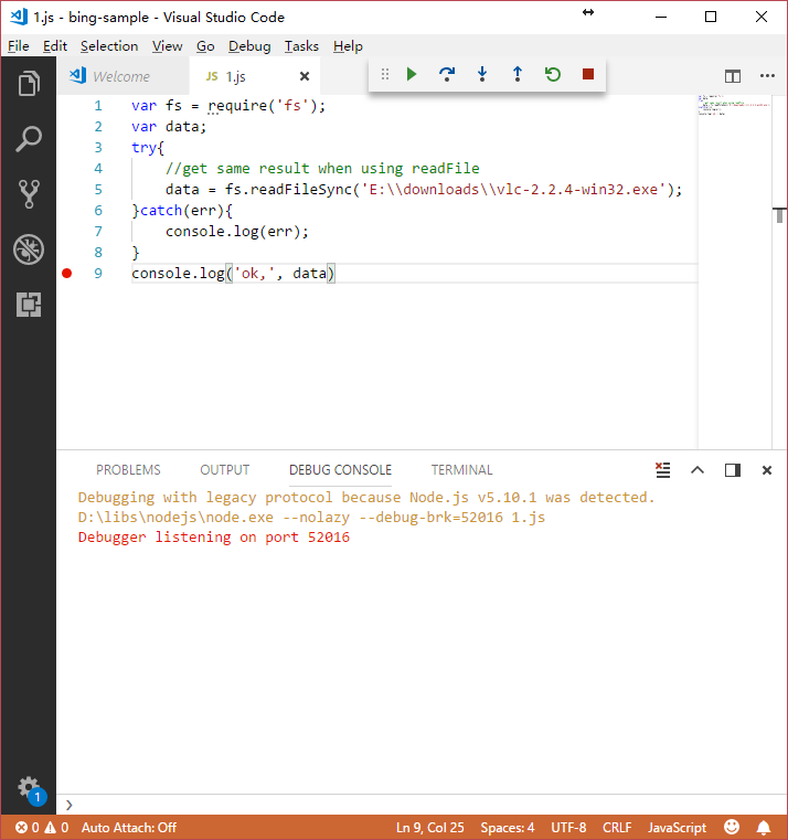 fs.readFileSync, fs.readFile will make the debugger stop with heap out ...