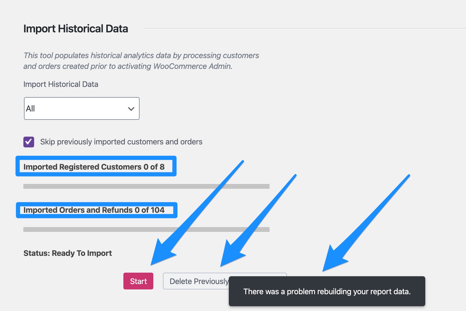 [4.0 rc1] WC-Admin: Import Historical data task - not able to rebuild ...