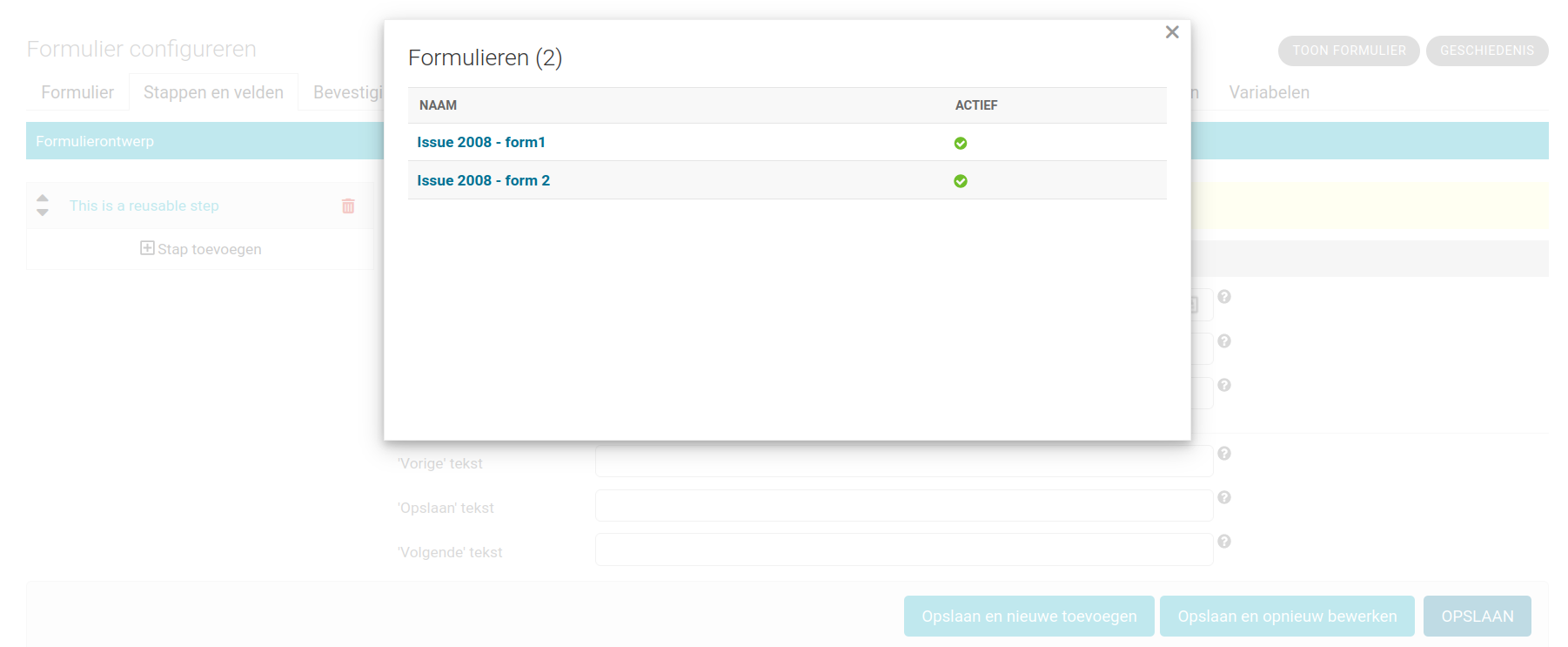 Clicking the link to display forms affected by changing a reusable form definition crashes the