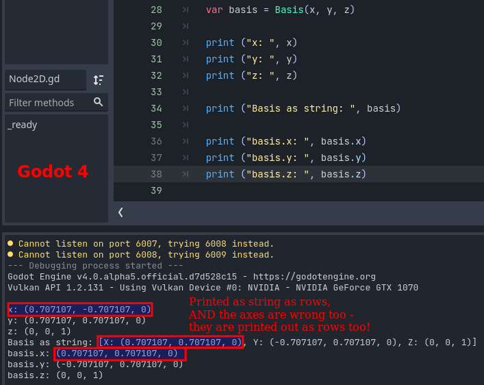 Basis(Vector3, Vector3, Vector3) in GDScript in Godot 4 appears to take ...