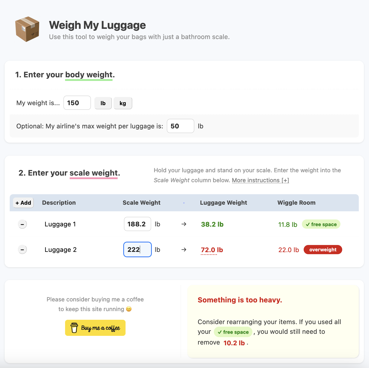 GitHub lawkwok101/weighmyluggagejs A handy tool to weigh your