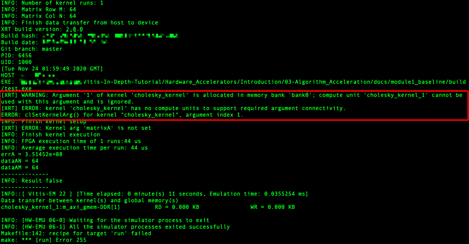 HW_EMU (hardware emulation) errors in the Cholesky example